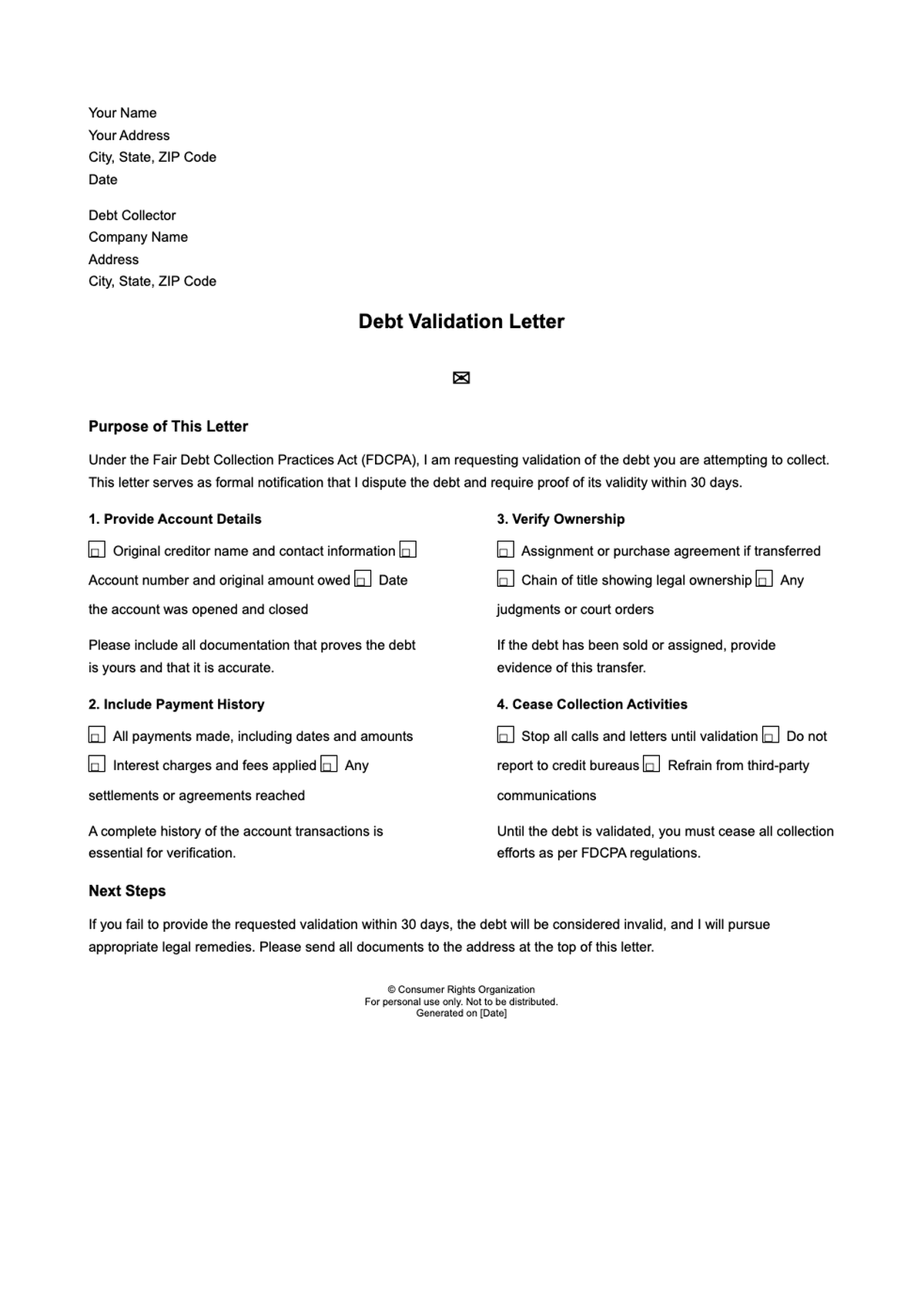 Debt collector validation letter instructions with steps and legal guidance_variant_2